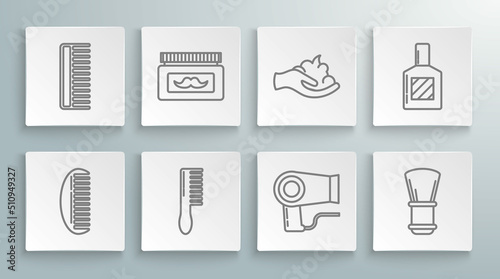 Set line Hairbrush, Cream or lotion cosmetic jar, dryer, Shaving, gel foam hand, Aftershave and icon. Vector