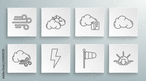 Set line Windy weather, Sun and cloud, Lightning bolt, Cone meteorology windsock wind vane, Sunset, Fahrenheit, Cloud and icon. Vector