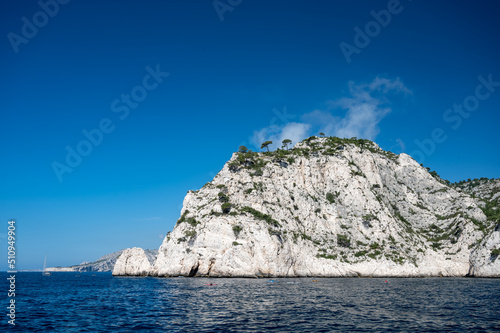 Limestone cliffs near Cassis  boat excursion to Calanques national park in Provence  France