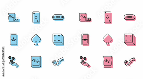 Set line Hand holding casino chips, Glass of whiskey ice cubes, Game dice glass with, Human hand throwing game, Playing card spades symbol, Joker playing and diamonds icon. Vector