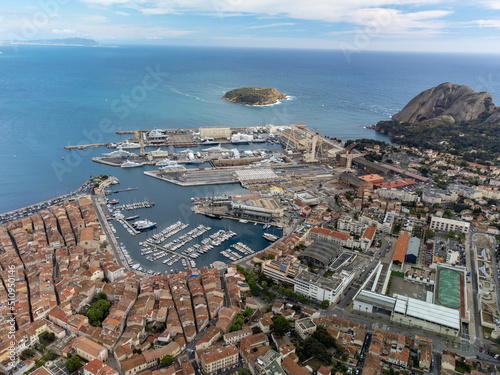 Panoramic aerial view on historical coastal Provencal city La Ciotat, summer vacation in Provence, France