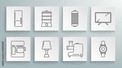 Set line Coffee machine with glass pot, Double boiler, Table lamp, Kitchen meat grinder, Smart watch showing heart beat rate, Stereo speaker, Tv and Refrigerator icon. Vector