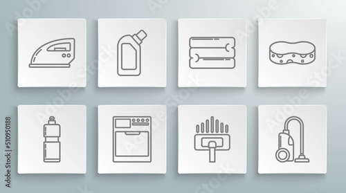 Set line Plastic bottles for liquid dishwashing liquid, Washer, Vacuum cleaner, Towel stack, Sponge and Electric iron icon. Vector