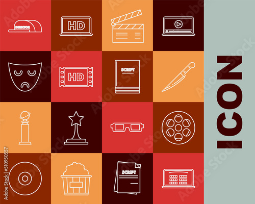 Set line Buy cinema ticket online, Film reel, Knife, Movie clapper, 4k movie, tape, frame, Drama theatrical mask, Cap with inscription director and Scenario icon. Vector