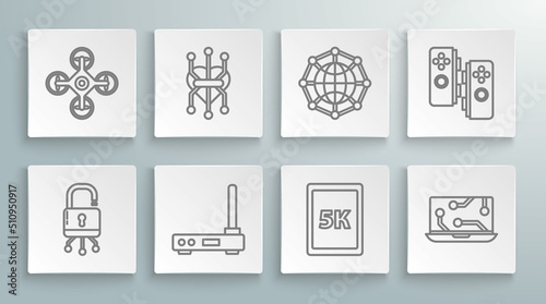 Set line Lock on digital circuit board, Processor, Router and wi-fi signal, Tablet with text 5k, Laptop, Global technology social network, Gamepad and Drone icon. Vector