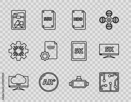 Set line Computer monitor screen, Processor, Hard disk drive HDD, Ar, augmented reality, 3D printer, File document, Virtual glasses and Monitor display with 5k video icon. Vector