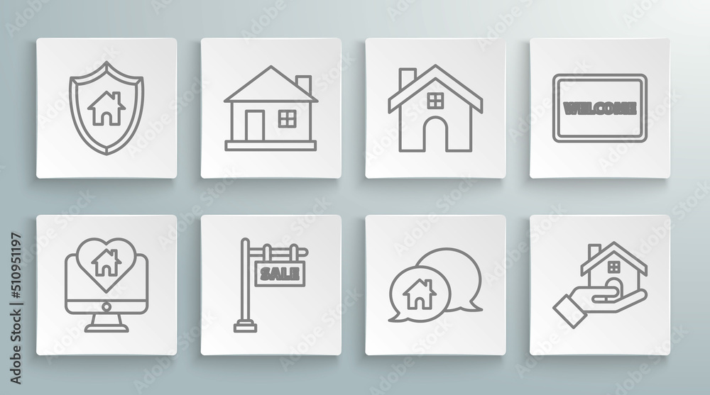 Set line Monitor with house in heart shape, House, Hanging sign text Sale, building speech bubble, Realtor, Doormat the Welcome and shield icon. Vector Set line Monitor with house in heart shape, House, Hanging sign text Sale, building speech bubble, Realtor, Doormat the Welcome and shield icon. Vector