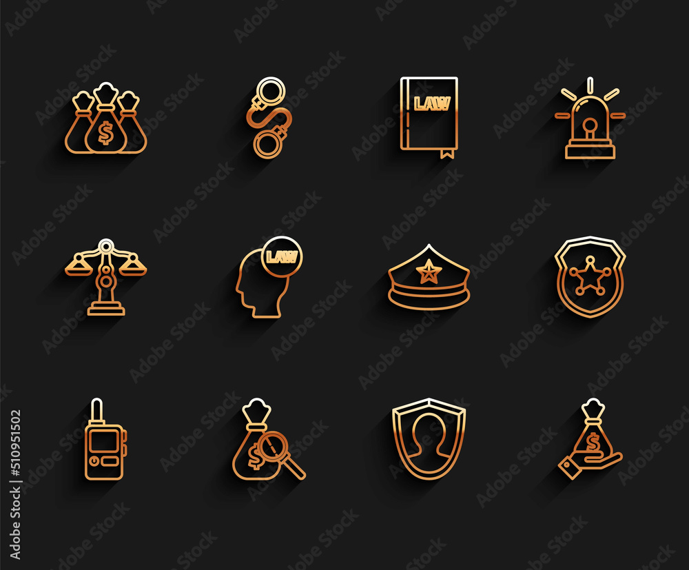 Set line Walkie talkie, Money bag and magnifying glass, User protection, Hand holding money, Head with law, Police badge and cap cockade icon. Vector Set line Walkie talkie, Money bag and magnifying glass, User protection, Hand holding money, Head with law, Police badge and cap cockade icon. Vector