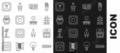 Set line Electric extension cord, Battery in pack, High voltage power pole line, Electrical outlet, light switch, meter, and Solar energy panel and sun icon. Vector