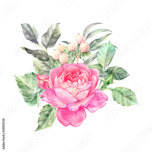 Watercolor floral arrangements with leaves, herbs, flowers. Botanic illustration for wedding, greeting card.