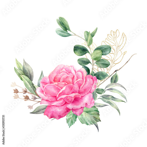 Watercolor floral arrangements with leaves  herbs  flowers. Botanic illustration for wedding  greeting card.