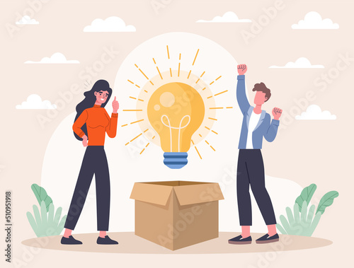 Big idea concept. Man and girl take out light bulb from cardboard box. Brainstorming and insight. Creative personalities have found solution to problem, colleagues. Cartoon flat vector illustration