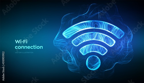 Wi-Fi network icon. Abstract Wi-Fi sign formed from glowing thin lines. Wlan access, wireless hotspot signal symbol. Mobile connection zone. Data transfer. Router transmission. Vector illustration.