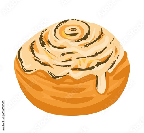 Tasty swedish cinnabon roll with cream and canella in cartoon style