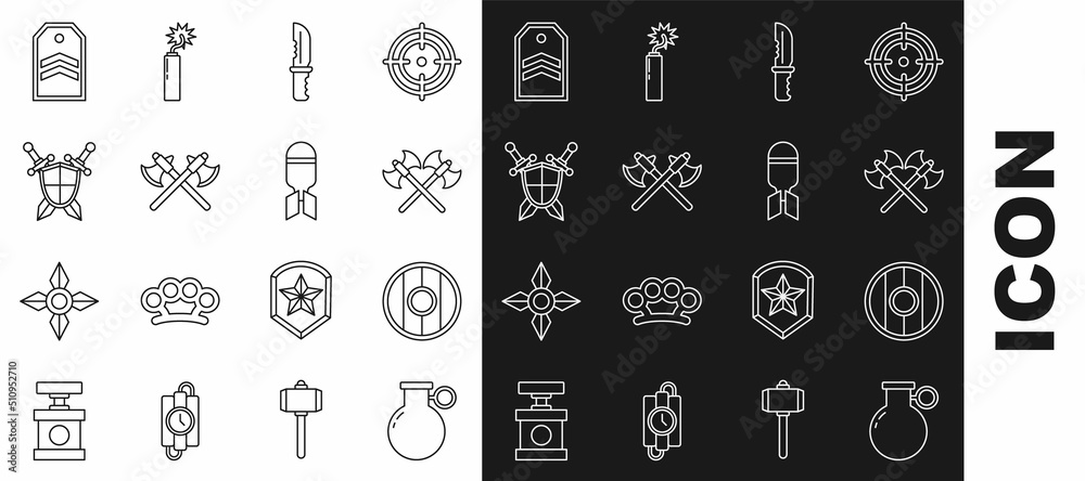 Set line Hand grenade, Round wooden shield, Crossed medieval axes, Military knife, Medieval with crossed swords, Chevron and Aviation bomb icon. Vector Set line Hand grenade, Round wooden shield, Crossed medieval axes, Military knife, Medieval with crossed swords, Chevron and Aviation bomb icon. Vector