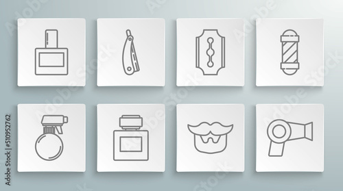Set line Hairdresser pistol spray bottle, Straight razor, Aftershave, Mustache and beard, dryer, Blade, Classic Barber shop pole and icon. Vector