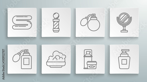 Set line Aftershave bottle with atomizer, Classic Barber shop pole, Shaving gel foam, Bottle of shampoo, Round makeup mirror and Towel icon. Vector