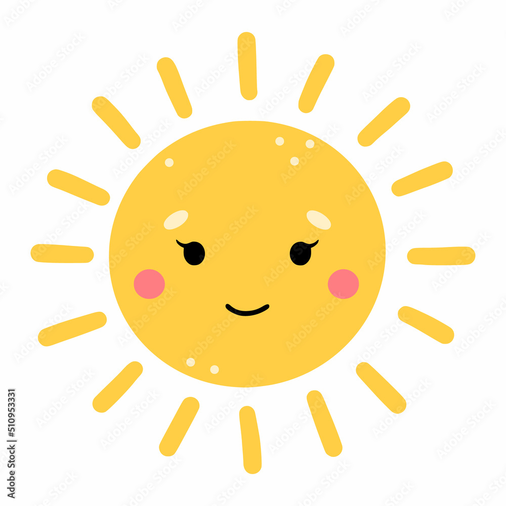 Sweet sun with smile. Sticker to nursery. Children drawing. Vector doodle illustration. Sweet sun with smile. Sticker to nursery. Children drawing. Vector doodle illustration.
