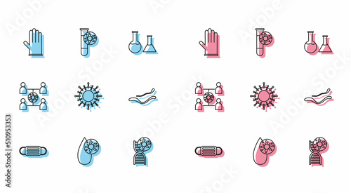 Set line Medical protective mask, Blood test and virus, rubber gloves, DNA symbol, Virus, Ebola disease, spread and Test tube with icon. Vector
