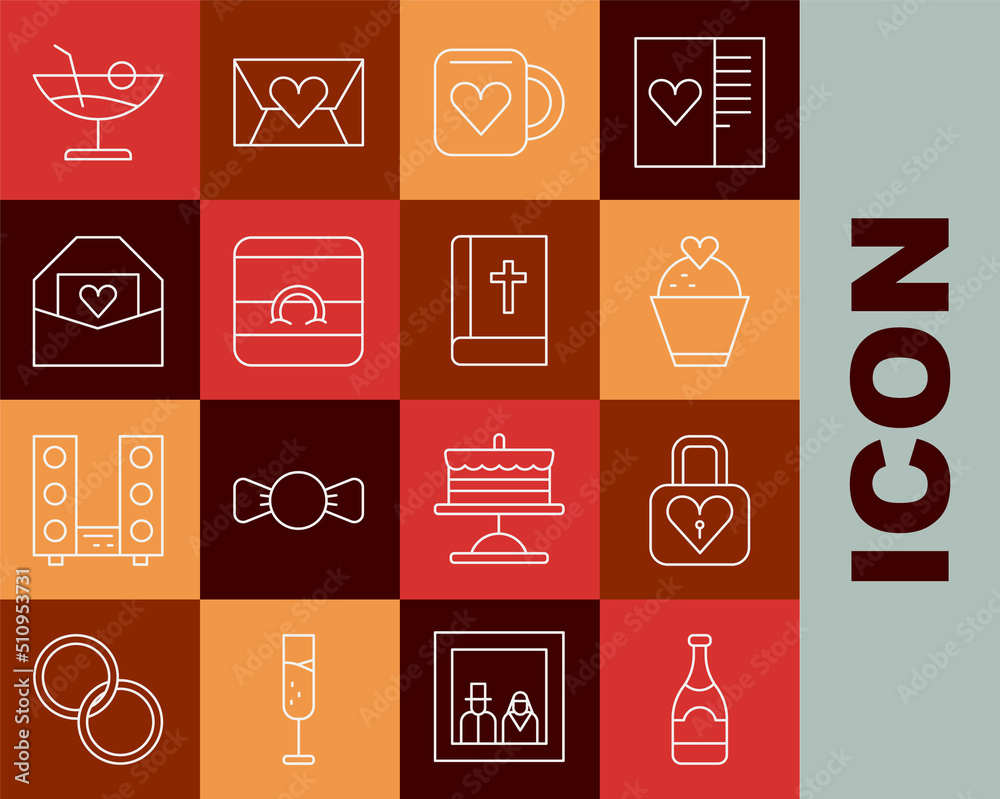 Set line Champagne bottle, Lock and heart, Wedding cake with, Coffee cup, rings, Envelope Valentine, Cocktail and Holy bible book icon. Vector Set line Champagne bottle, Lock and heart, Wedding cake with, Coffee cup, rings, Envelope Valentine, Cocktail and Holy bible book icon. Vector
