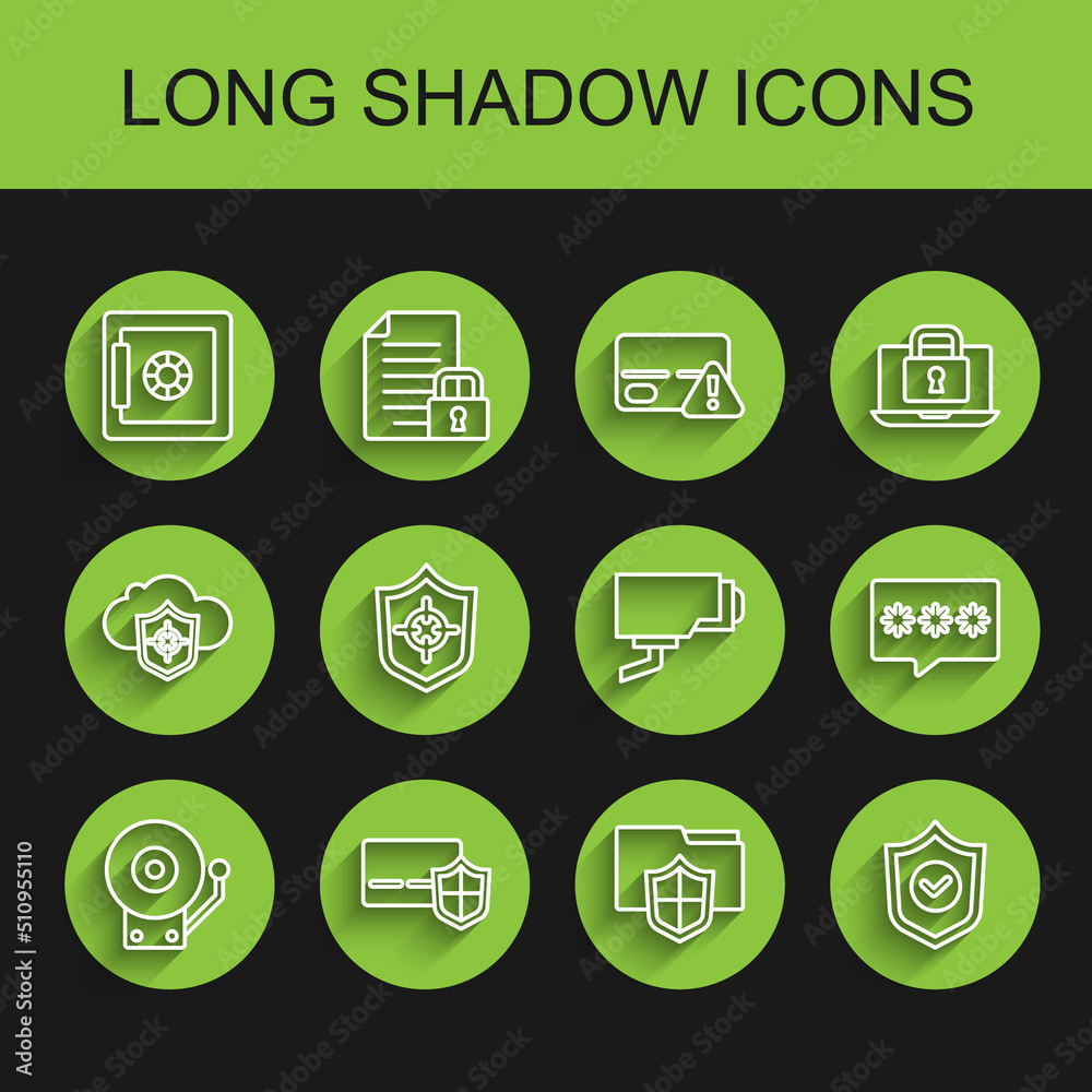 Set line Ringing alarm bell, Credit card with shield, Safe, Document folder protection, Shield check mark, Password and Security camera icon. Vector Set line Ringing alarm bell, Credit card with shield, Safe, Document folder protection, Shield check mark, Password and Security camera icon. Vector