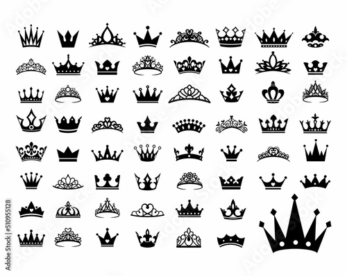Royal king crown queen princess tiara diadem prince crowns silhouette logo vector illustration set photo