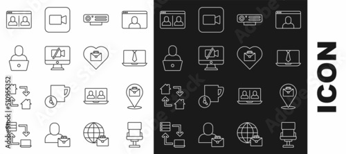 Set line Office chair, Online working, Video chat conference, Web camera, computer, Freelancer, and Heart with text icon. Vector