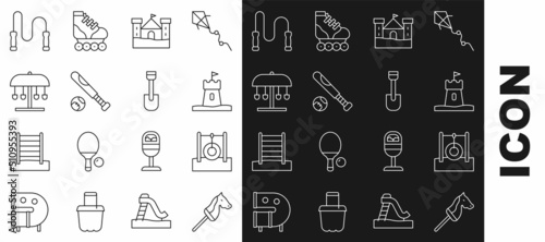 Set line Toy horse, Car tire hanging on rope, Sand tower, castle, Baseball bat with ball, Attraction carousel, Jump and Shovel toy icon. Vector