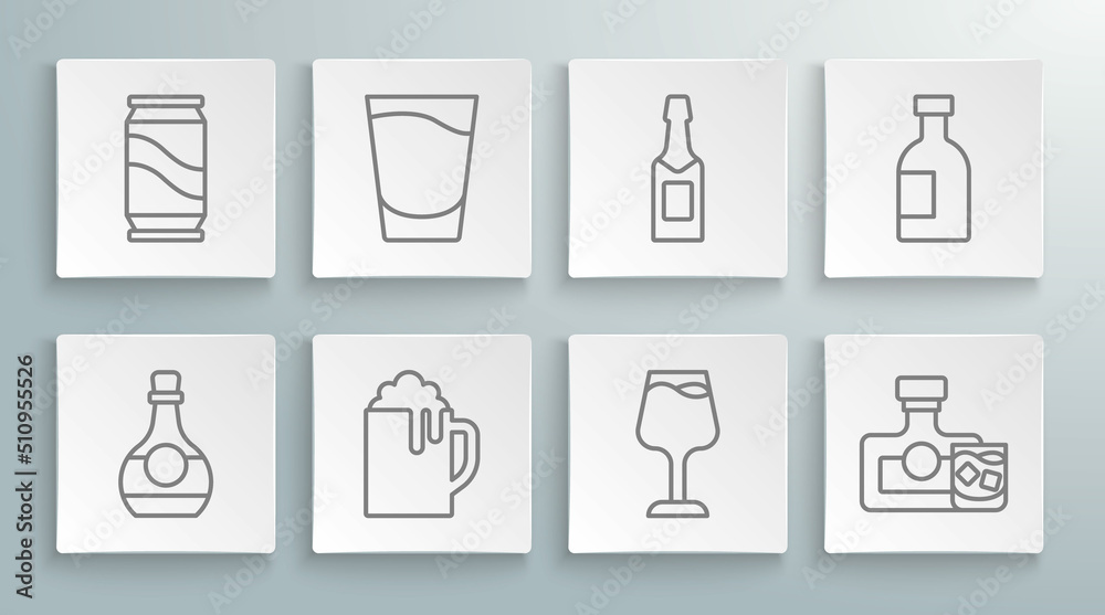 Set line Bottle of cognac or brandy, Shot glass, Wooden beer mug, Wine, Whiskey bottle, Champagne, Glass vodka and Beer can icon. Vector Set line Bottle of cognac or brandy, Shot glass, Wooden beer mug, Wine, Whiskey bottle, Champagne, Glass vodka and Beer can icon. Vector