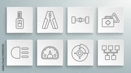 Set line High beam, Car battery jumper power cable, Speedometer, brake disk with caliper, Gear shifter, Chassis car, First aid kit and warning triangle and key remote icon. Vector