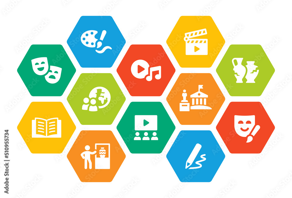 Culture icon vector set. Colorful collection of creative symbol, painting, art, movie, theater, music, symbol illustration.