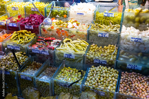 Pickled vegetables marinades at the turkish market in Istanbul, Turkey photo