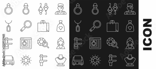 Set line Necklace on mannequin, Consultant of jewelry store, Bag with gems, Earrings, Magnifying glass, Pendant necklace, Diamond engagement and Shopping bag icon. Vector