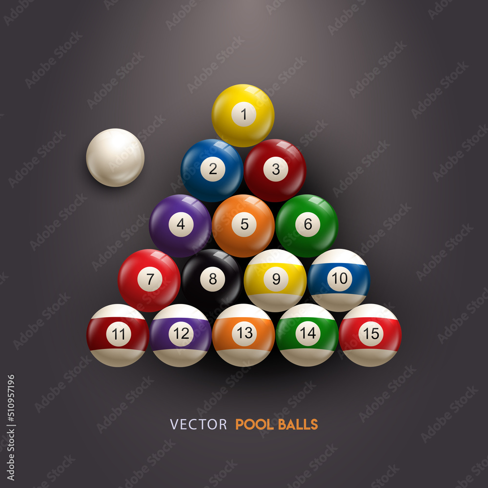 Billiard, pool balls with numbers collection in triangle start position. Realistic glossy snooker ball on black background. Vector illustration Billiard, pool balls with numbers collection in triangle start position. Realistic glossy snooker ball on black background. Vector illustration