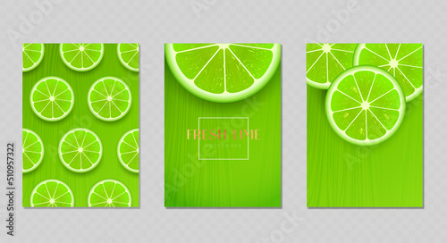 Vector background set  with fresh lime slices. Green summer poster or banner template EPS10