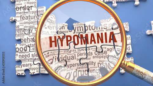 Hypomania as a complex and multipart topic under close inspection. Complexity shown as matching puzzle pieces defining dozens of vital ideas and concepts about Hypomania,3d illustration photo