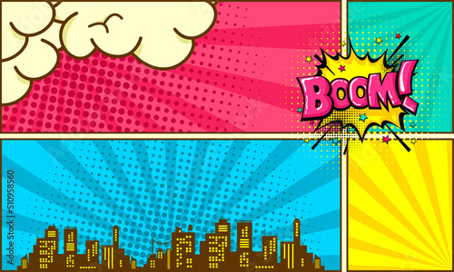Colorful comic background with city silhouette and cloud