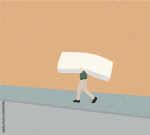 Mover Man carrying the mattress on street while moving the house. Moving house service concept. Relocation. 