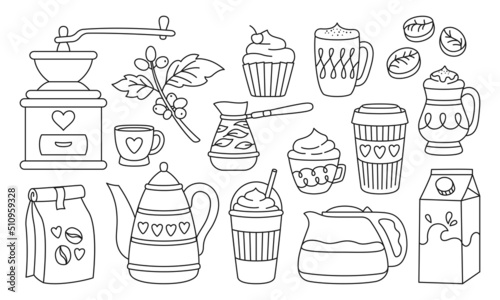 Coffee cup drink, beans and cezve pot linear set. Breakfast cappuccino espresso mug, cupcake and kettle, latte glace cups to go. Rustic arabica grinder. Doodle vector cafe coffeehouse menu