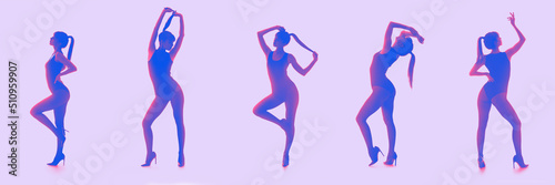 Many silhouettes of beautiful young women on lilac background