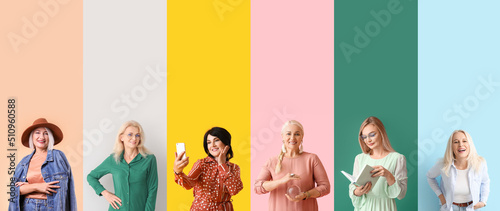 Group of stylish mature women on color background with space for text. Concept of ageing and menopause photo