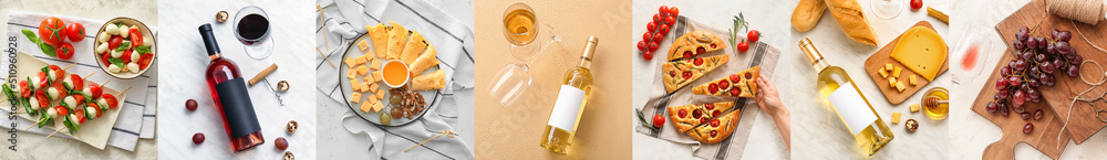 Set of delicious wine with grapes and tasty food on light background, top view Set of delicious wine with grapes and tasty food on light background, top view