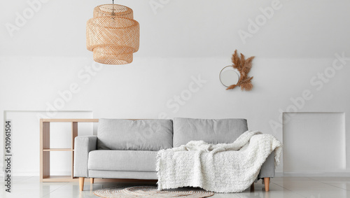 Fototapeta Naklejka Na Ścianę i Meble -  Modern sofa with plaid near light wall