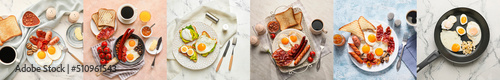 Set of nutrient breakfasts with eggs, top view