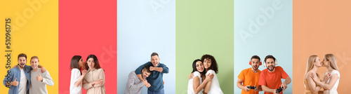 Photos Set of many people on colorful background. Friendship Day