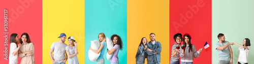 Set of many people on color...