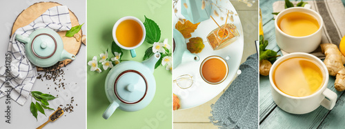 Foto Set of aromatic tea with ginger, lemon and jasmine flowers