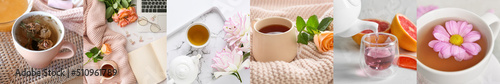Foto Collage of cups with tasty aromatic tea