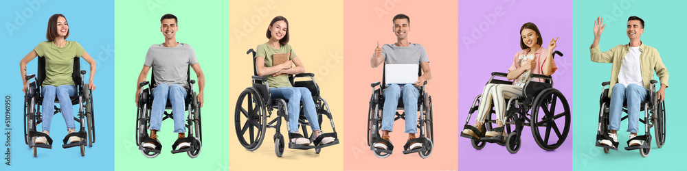 Set of happy young people in wheelchair on colorful background Set of happy young people in wheelchair on colorful background