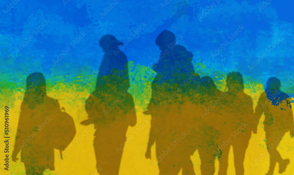 Double exposure of Ukrainian flag and silhouettes of refugees - obrazy, fototapety, plakaty 